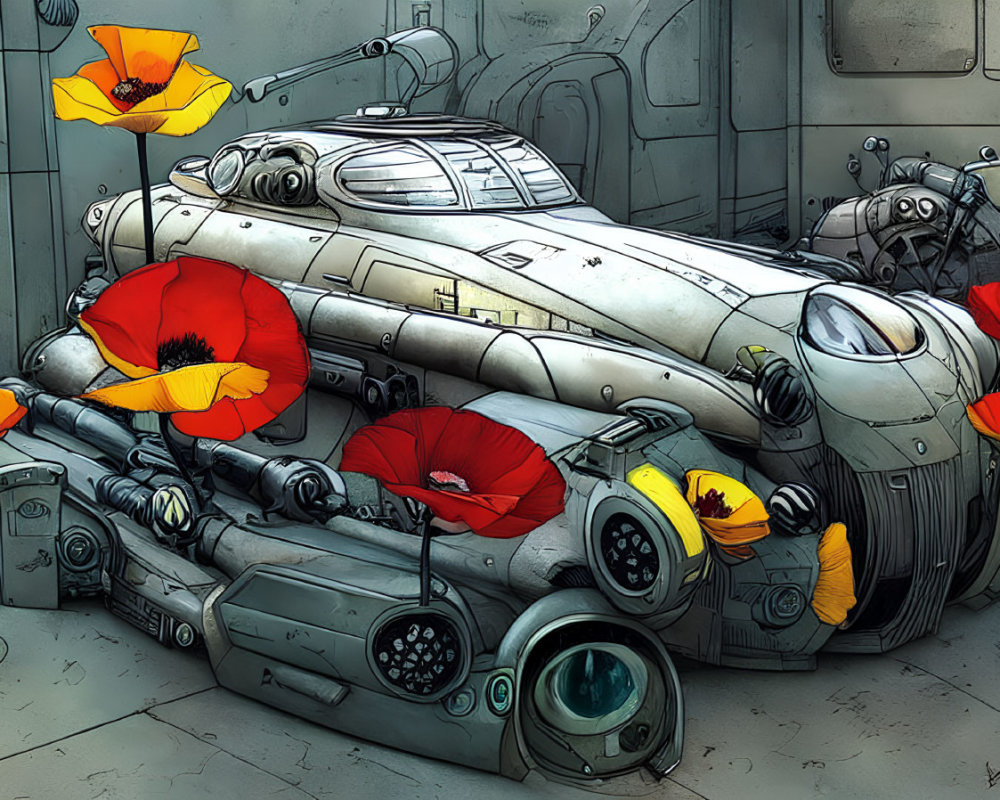 Vibrant futuristic submarine illustration with mechanical details and poppies.