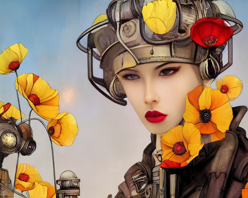 Futuristic woman in pilot helmet with poppies and stylized robotic figure on soft blue backdrop