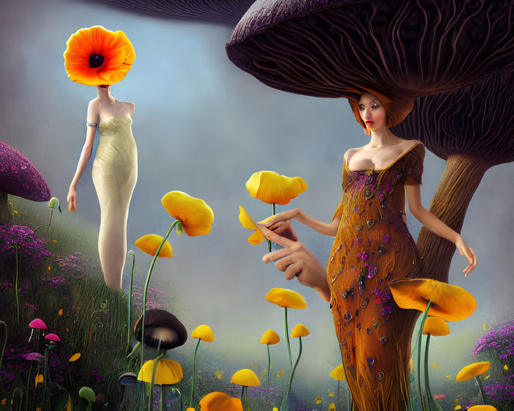 Surreal artwork featuring flower-headed figure in oversized mushroom landscape