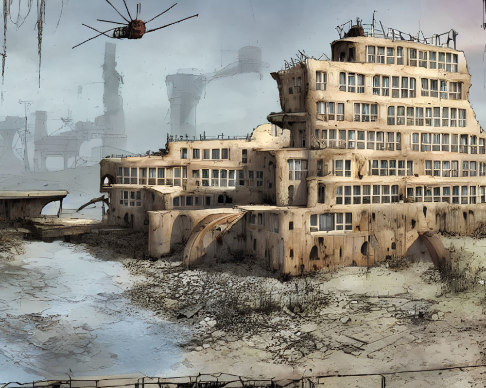 Dystopian landscape with dilapidated buildings and industrial structures
