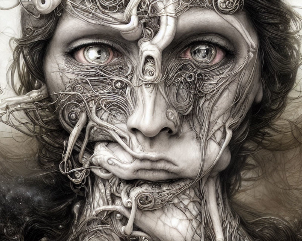 Intricate surreal art of female face with metallic and organic textures