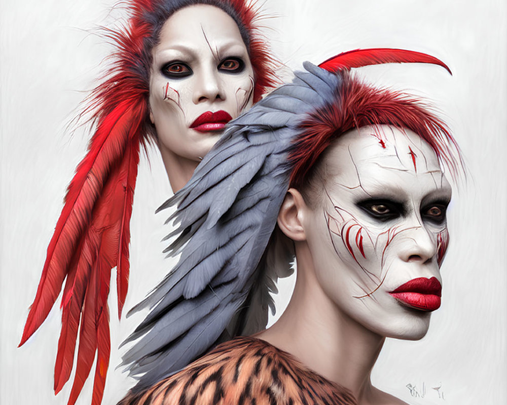 Two individuals with feathered hairpieces and dramatic tribal makeup.