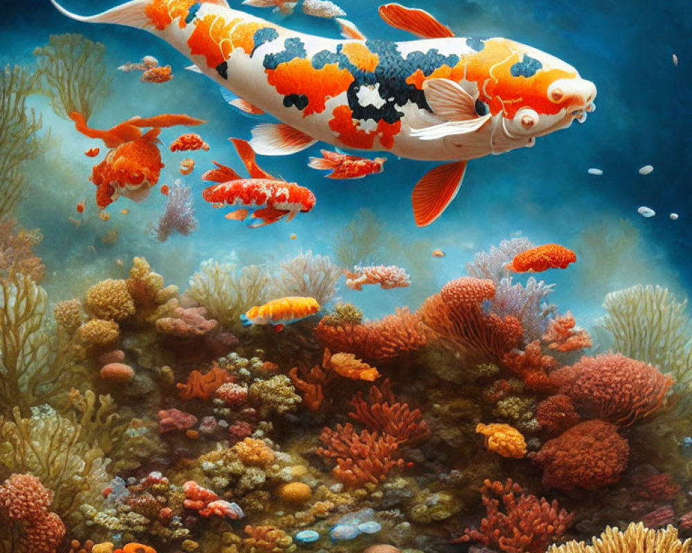 Colorful underwater illustration: Oversized koi fish among coral reefs