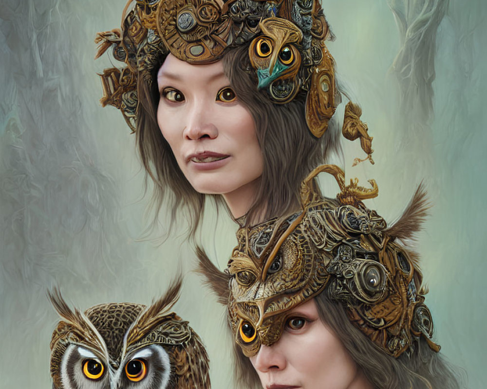 Steampunk-inspired headgear with gears and owl in misty background