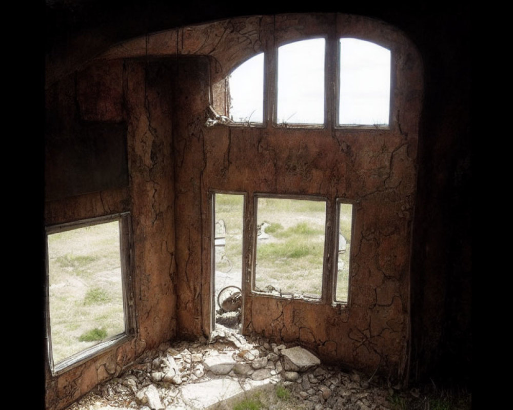 Abandoned room with rusty walls and broken windows overlooking barren landscape