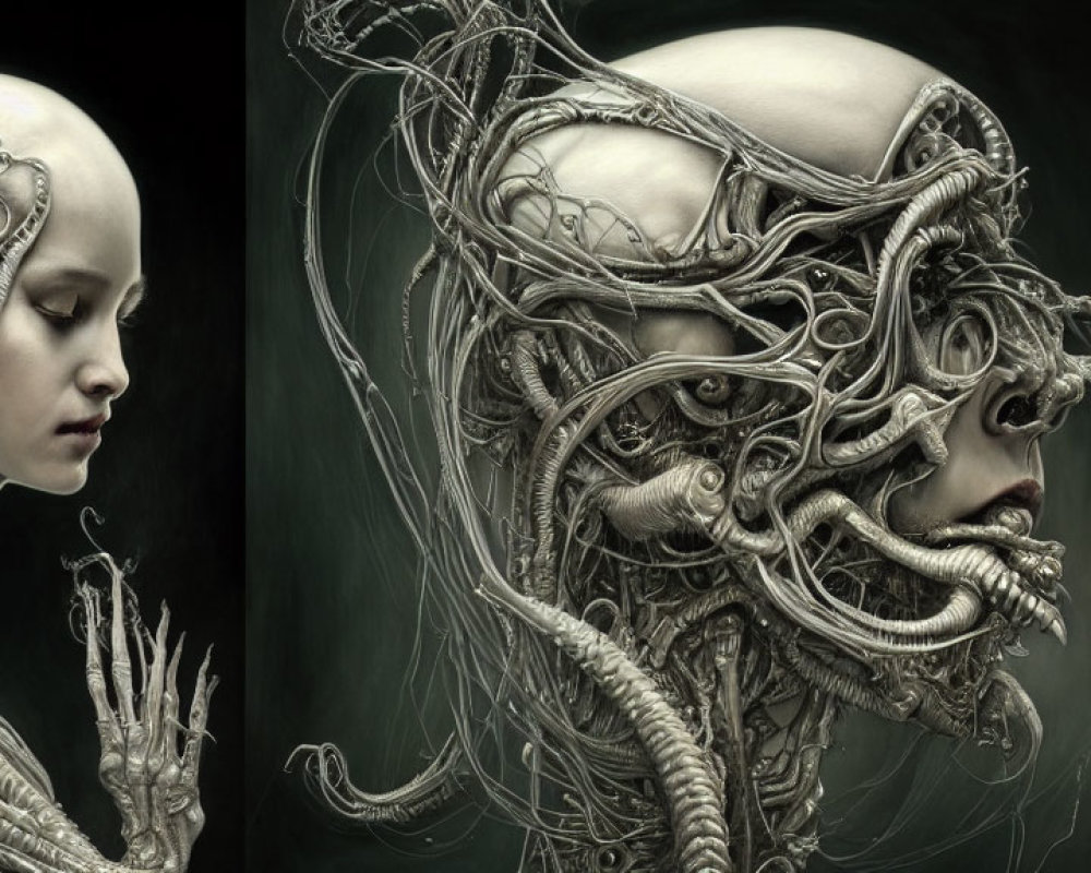 Bald person's head contrasted with cybernetic head split image