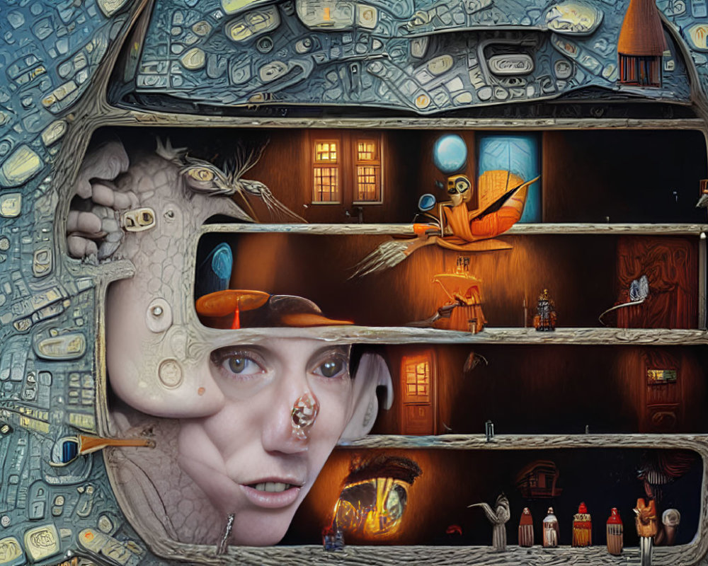 Surreal artwork: fragmented woman's face in whimsical rooms with eyes and odd characters