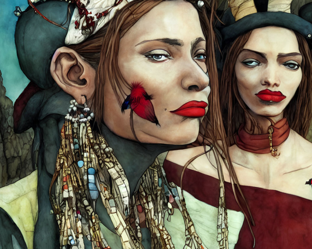 Two stylized women with red lips, necklaces, feathers, and horned headdress in tribal