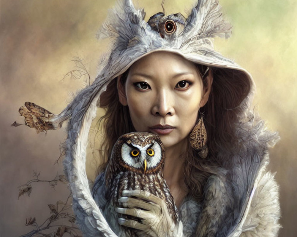 Feathered Person Holding Owl in Earthy Tones