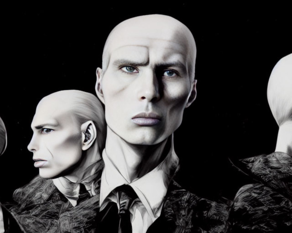 Monochrome busts depict transformation from bald human to bird-like creature