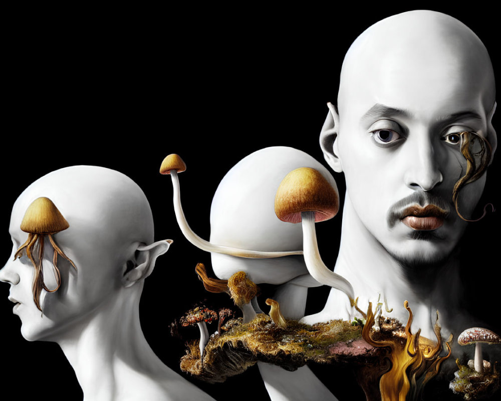 Surreal portrait: human heads with mushrooms on black background