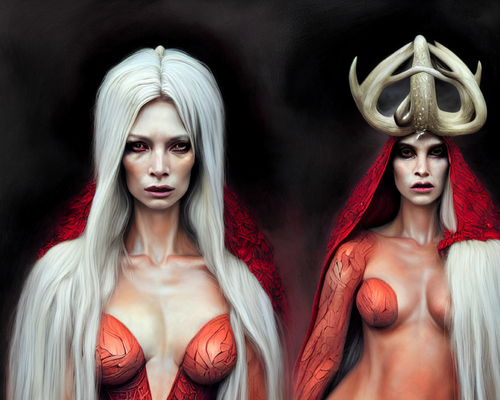 Fantasy women with white and red hair, unique features depicted.