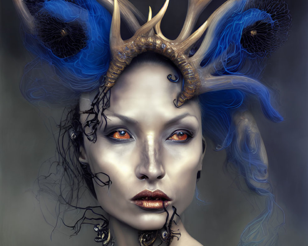 Portrait of woman with antlers, blue feathers, and orange eyes