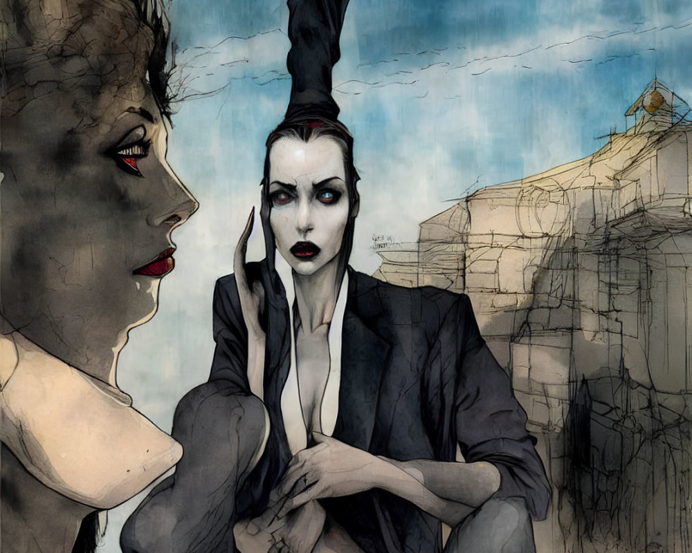 Stylized female figures with bold makeup in somber artistic scene.