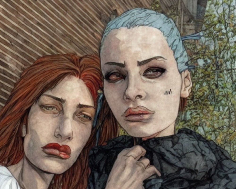 Stylized women with red hair and shaved head in intense urban scene