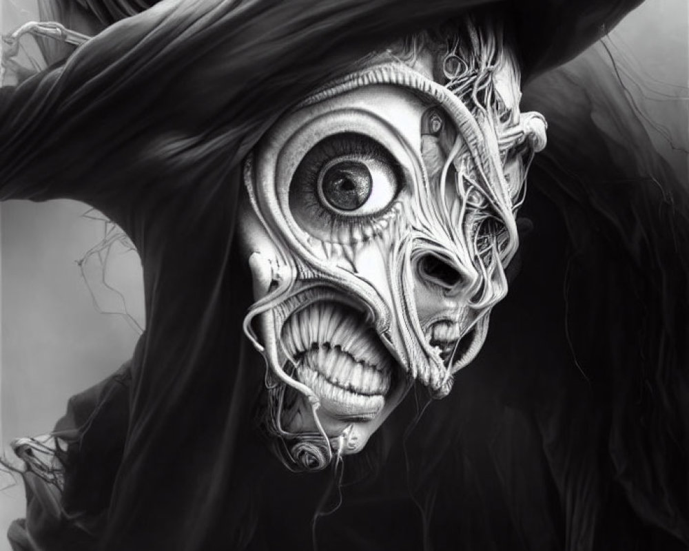 Surreal monochrome artwork of distorted figure with eye-centric face