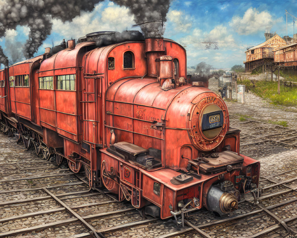 Vintage Red Steam Locomotive on Railway Tracks with Smoke Billowing