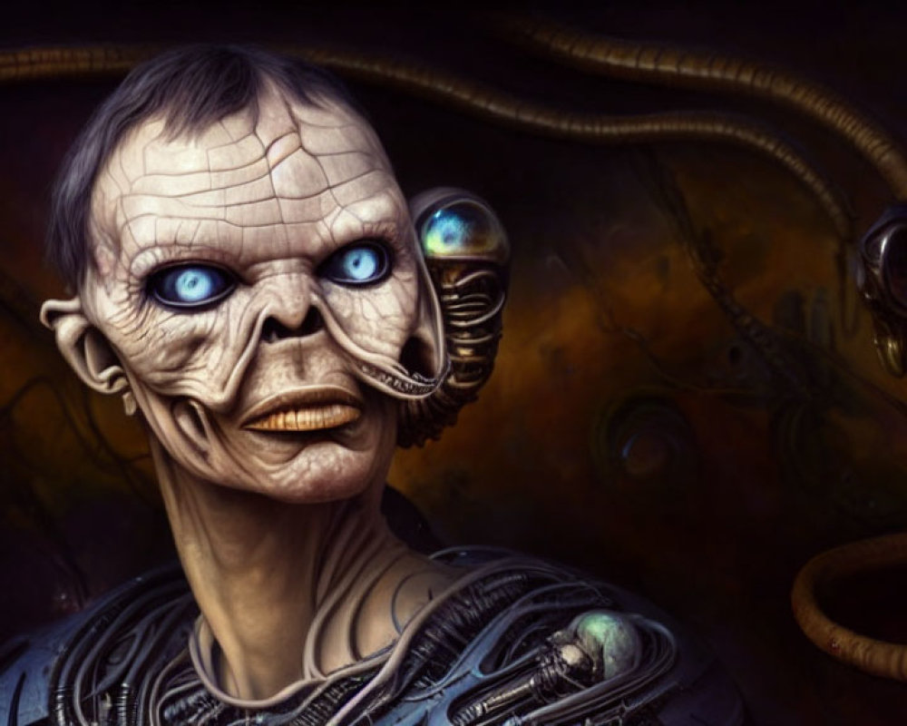 Digital artwork featuring humanoid with pale skin, blue eyes, surrounded by mechanical parts in dark setting