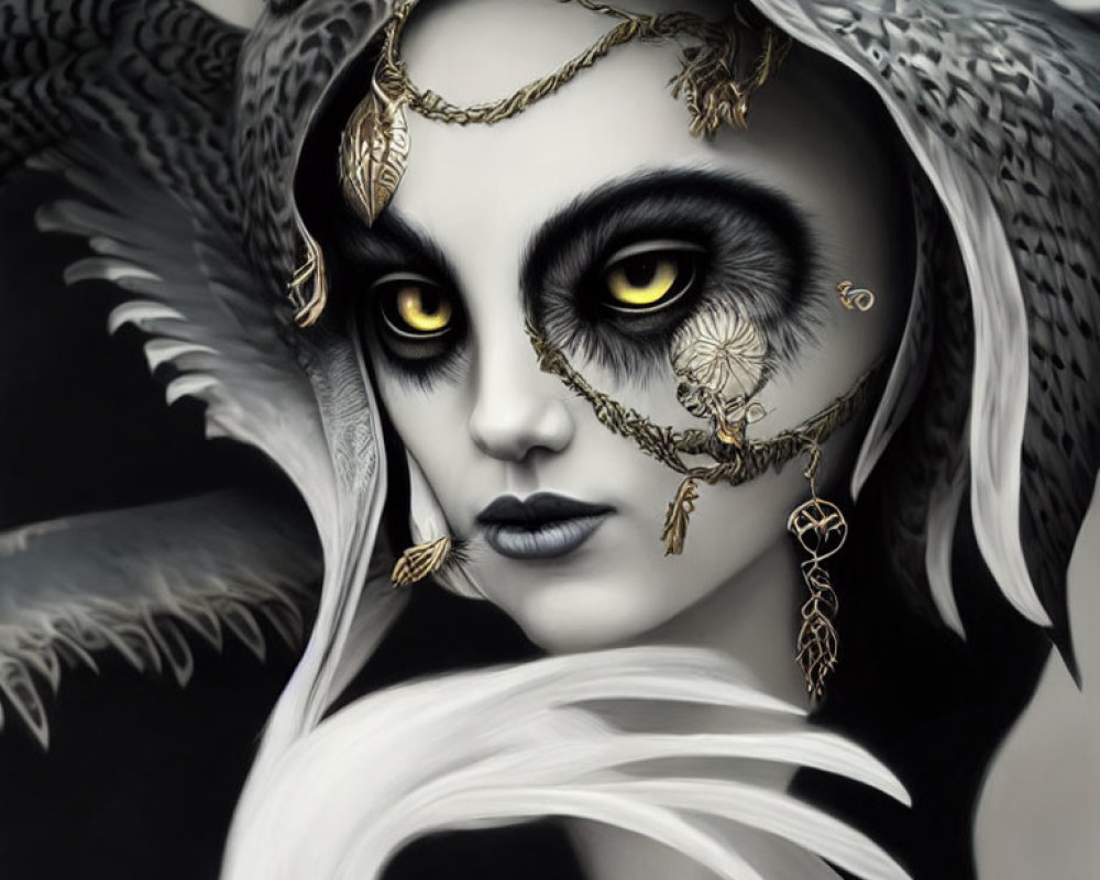 Portrait of a person with yellow eyes, golden chains, and feathers in a mysterious setting.