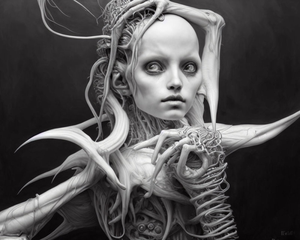 Monochrome fantasy artwork of ethereal female figure with large eyes and biomechanical elements.