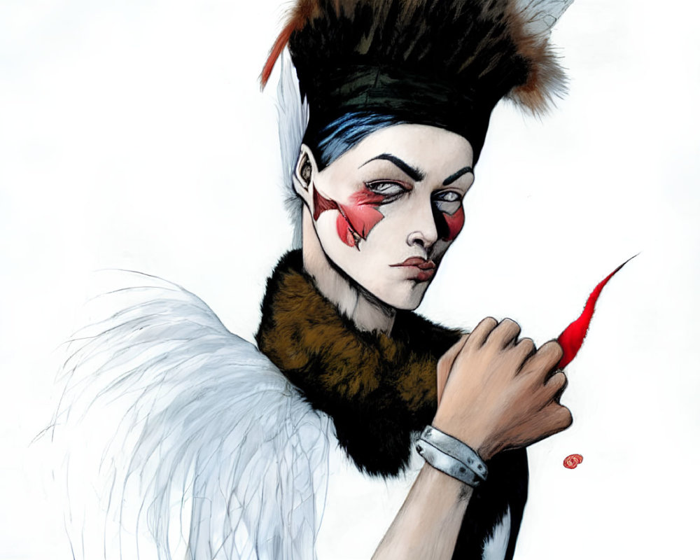 Person in white face paint with red markings, black headband, feathered attire, holding red chili