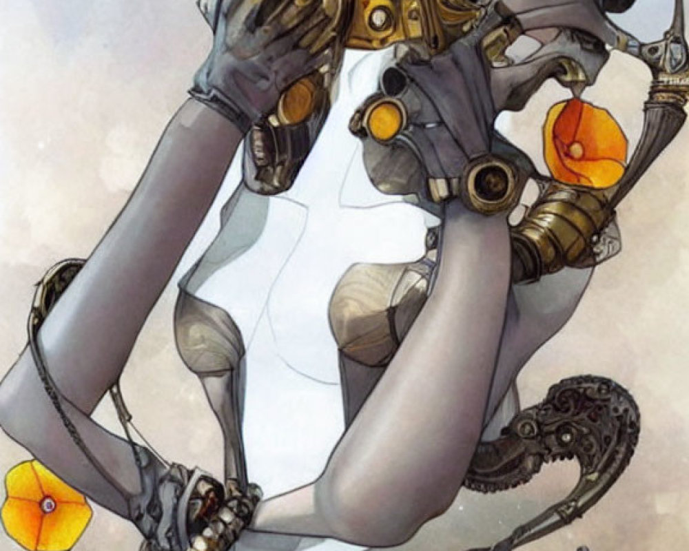 Stylized humanoid female robot with gold accents and mechanical tentacles surrounded by yellow flowers and futuristic goggles