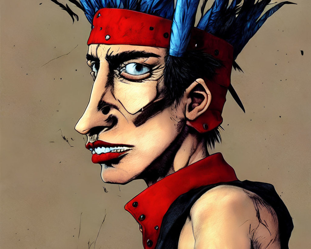Illustrated Character with Spiky Blue Hair and Red Headband