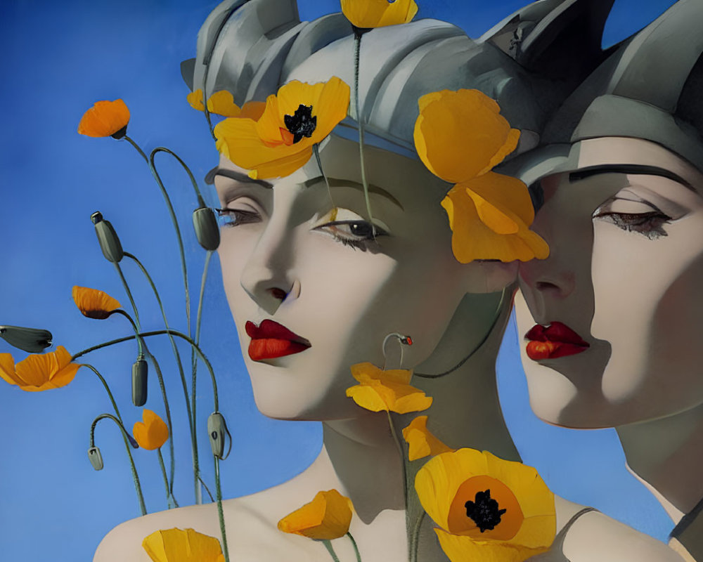 Surreal portrait of two female figures with helmets and orange poppies against blue sky
