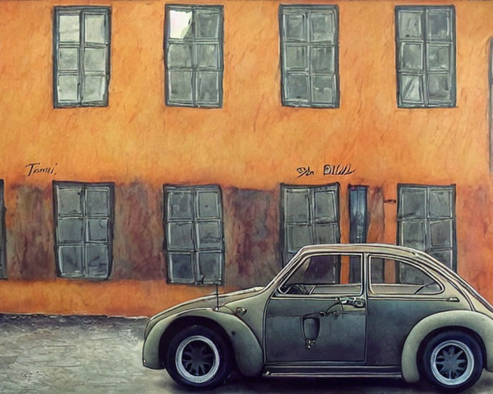 Vintage Beetle Car Parked Beside Orange Wall with Graffiti