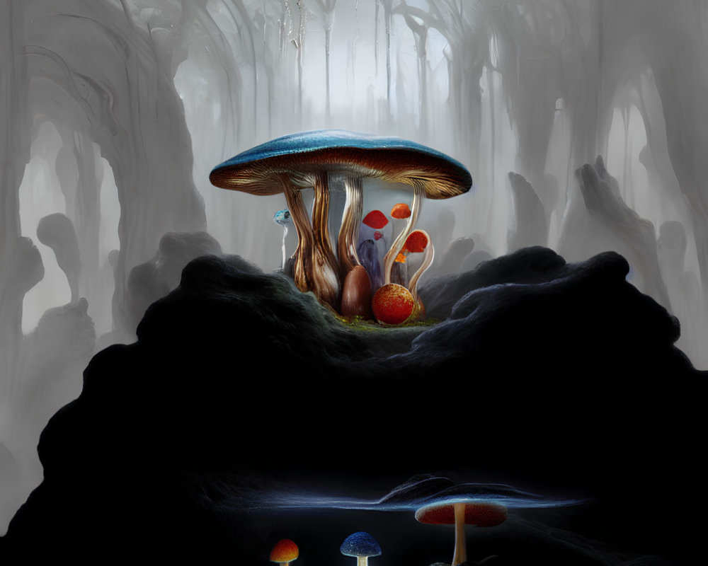 Fantastical forest scene with oversized vibrant mushrooms on dark mound contrasted with misty woodland backdrop