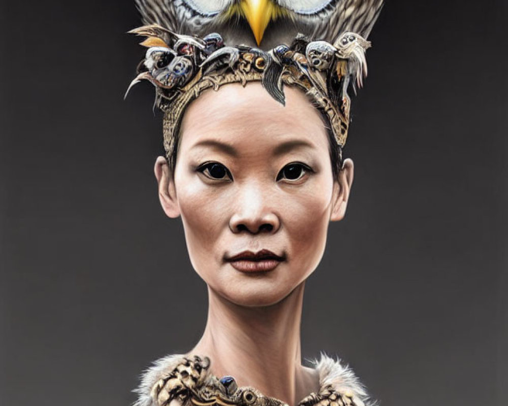 Human with owl-themed headpiece and collar on dark background