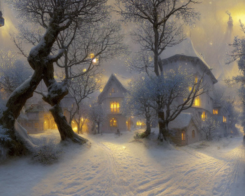 Snow-covered village with warmly lit windows and street lamps on a tranquil winter evening