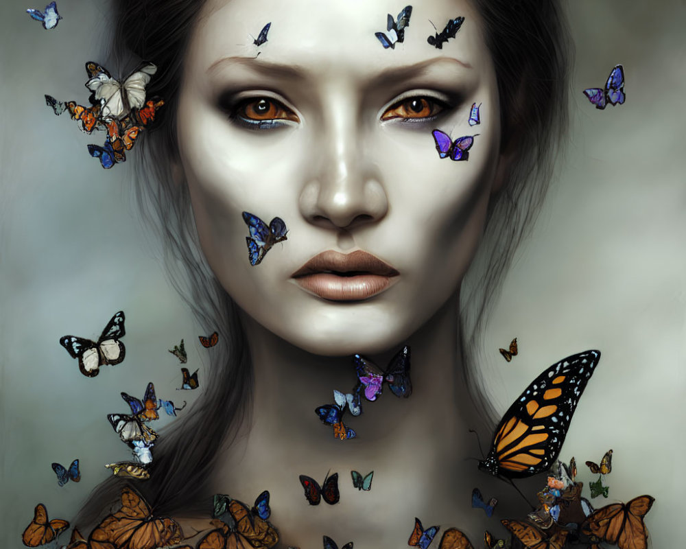 Woman portrait with vivid butterflies, creating serene atmosphere