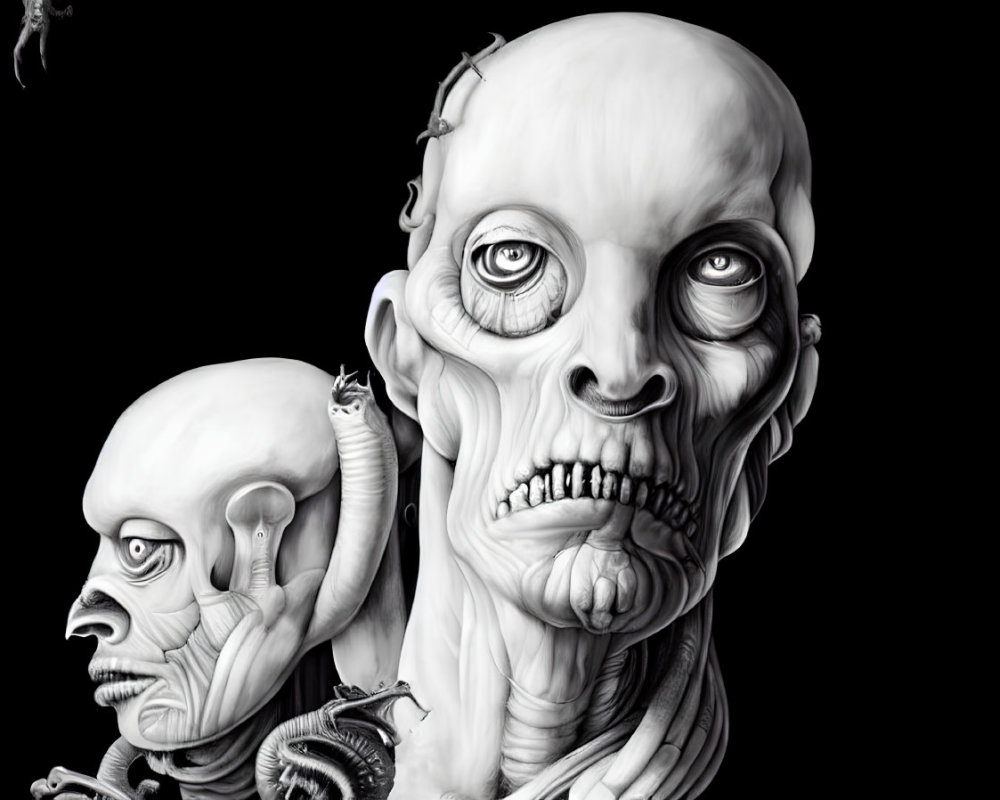 Monochrome illustration of grotesque humanoid figures
