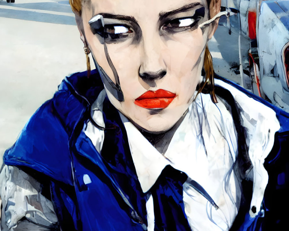 Stylized painting of a woman in blue jacket with vintage cars