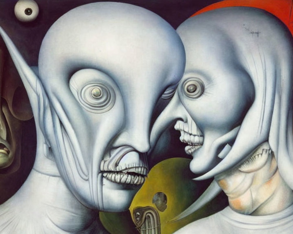 Distorted humanoid faces in surreal artwork with abstract elements