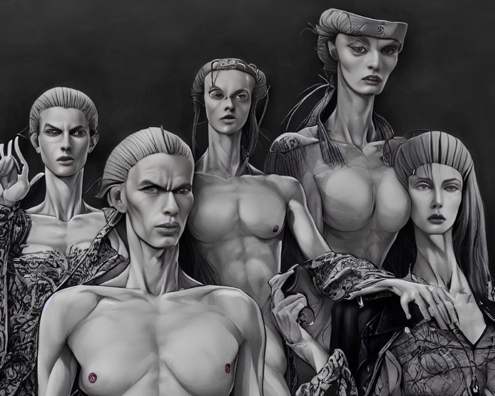 Grayscale digital painting of five androgynous figures in intricate attire on dark background