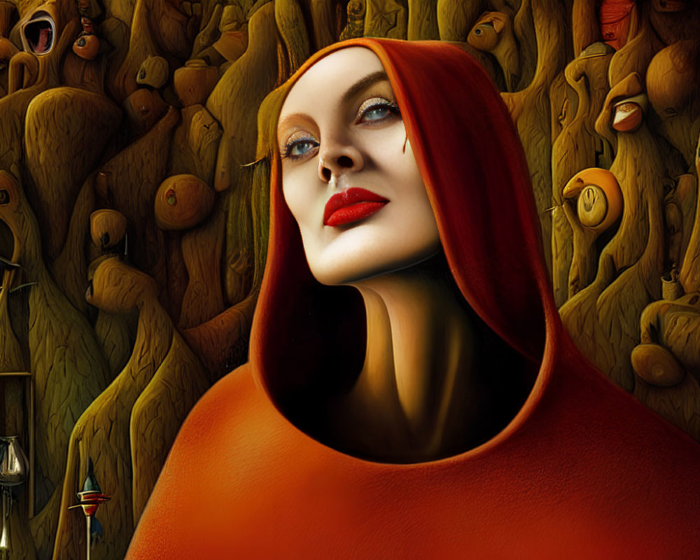 Red-haired woman in cloak on surreal background with wooden figures and lanterns