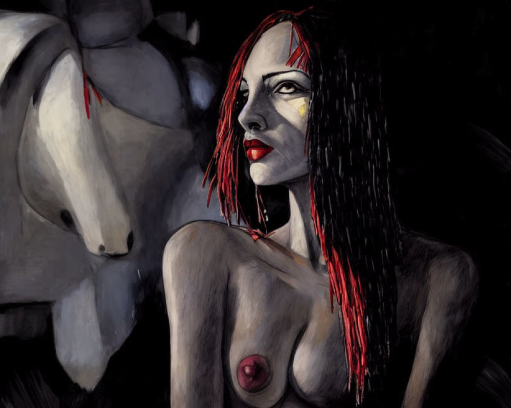 Portrait of Woman with Red Streaked Hair and White Horse Silhouette