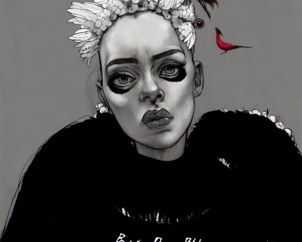 Monochrome illustration of woman with floral crown and red bird, intense gaze, shirt with text