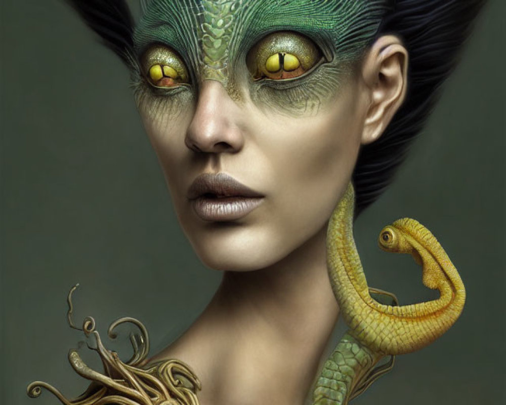 Fantastical portrait of female figure with green scaled skin and serpent shoulder embellishment