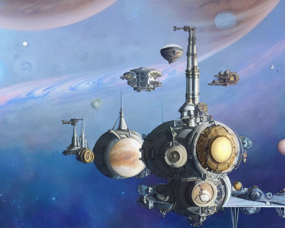 Futuristic space stations and spacecraft near gas giant moons