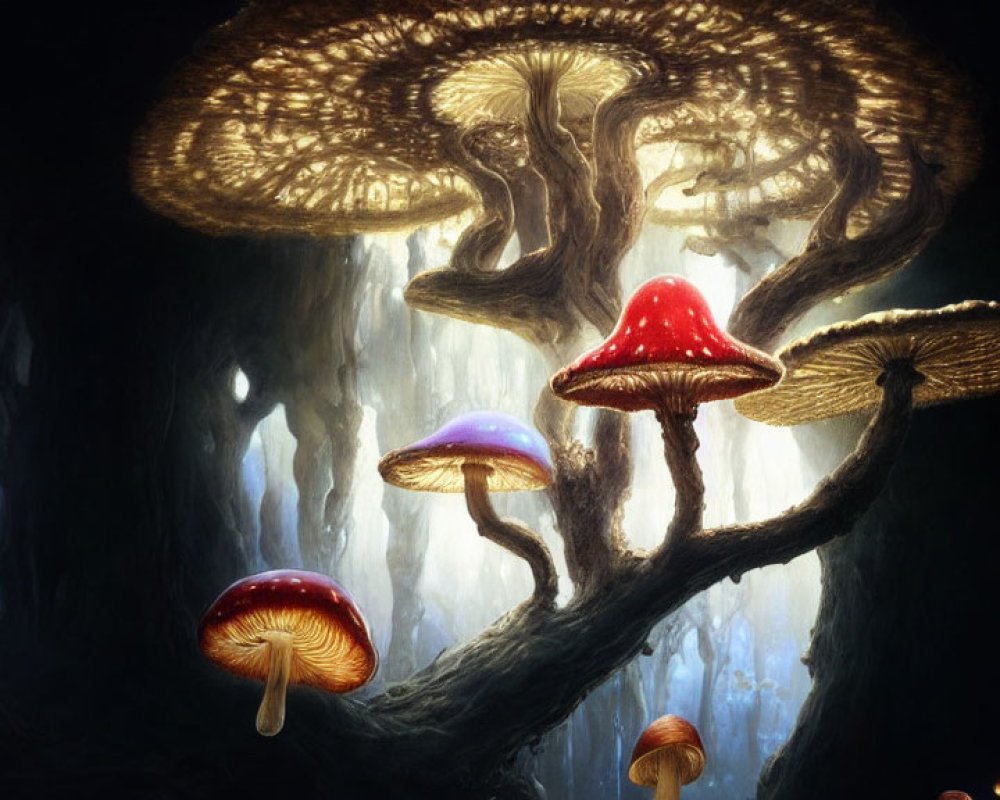 Fantasy illustration: Oversized bioluminescent mushrooms in dark cavern