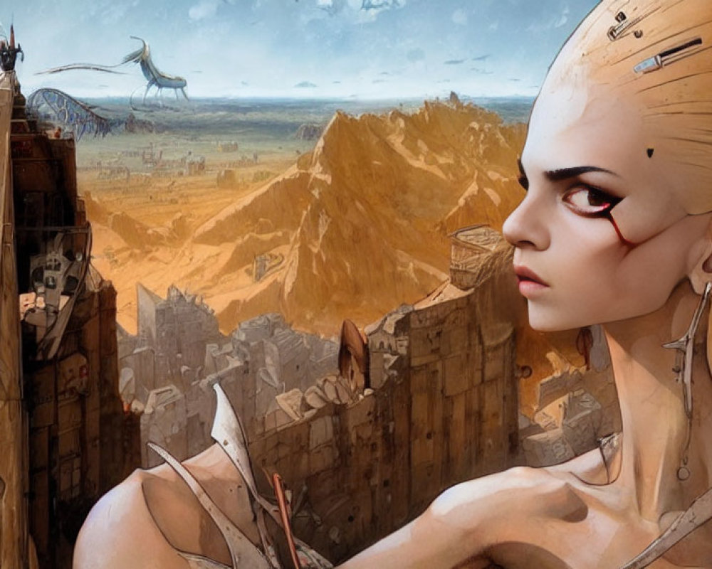 Futuristic female cyborg with head circuitry in ruined cityscape with dragon-like creature