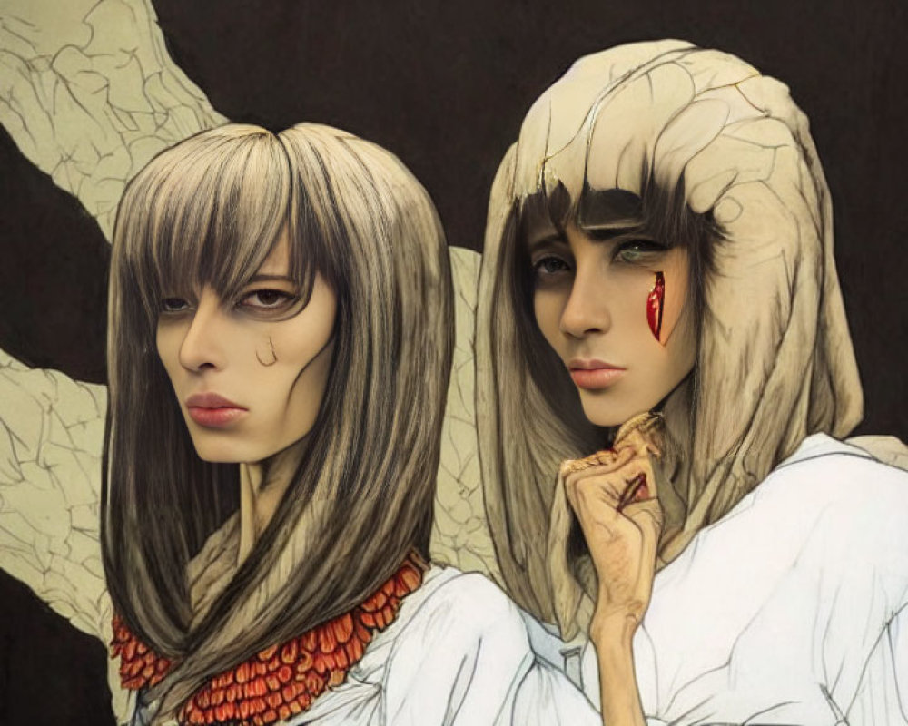 Two women with stylized hair and makeup, one with a tear of blood