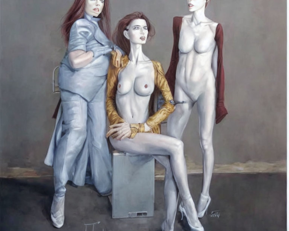 Four Women Portrayed in Various Attires and Postures on Gray Background