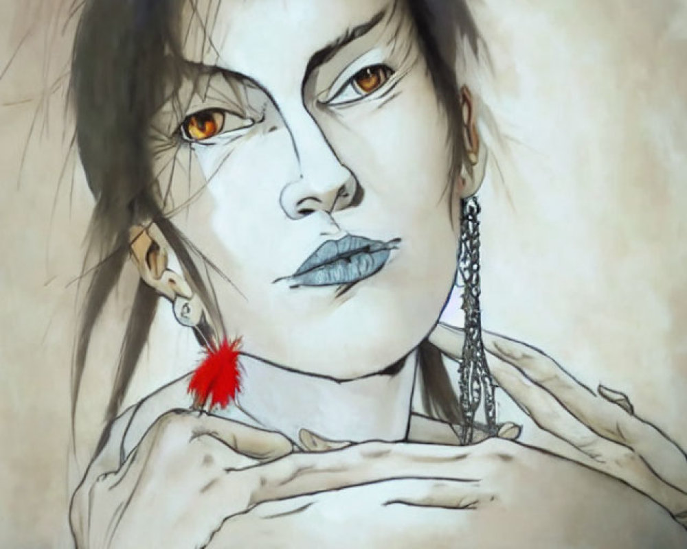 Portrait of a person with orange eyes, blue lips, facial markings, feather earring