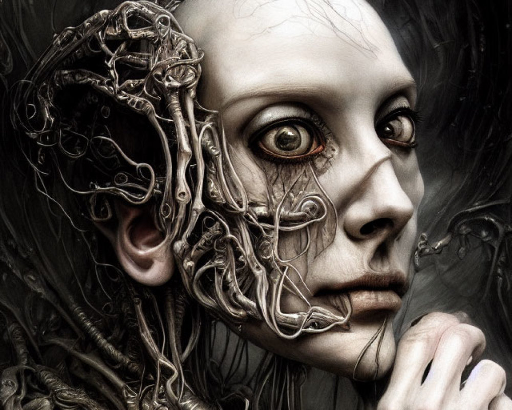 Surreal portrait of humanoid face with unique features
