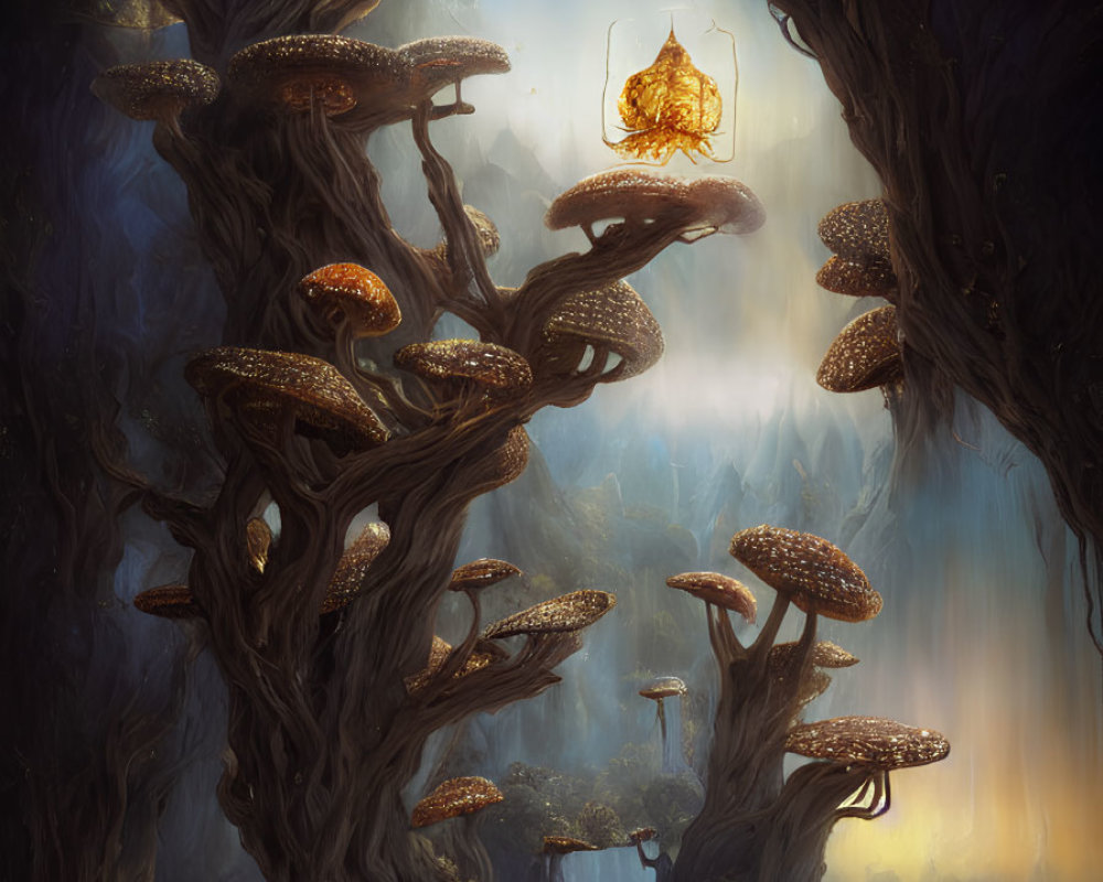 Ethereal forest scene with glowing mushrooms and shimmering cocoon.