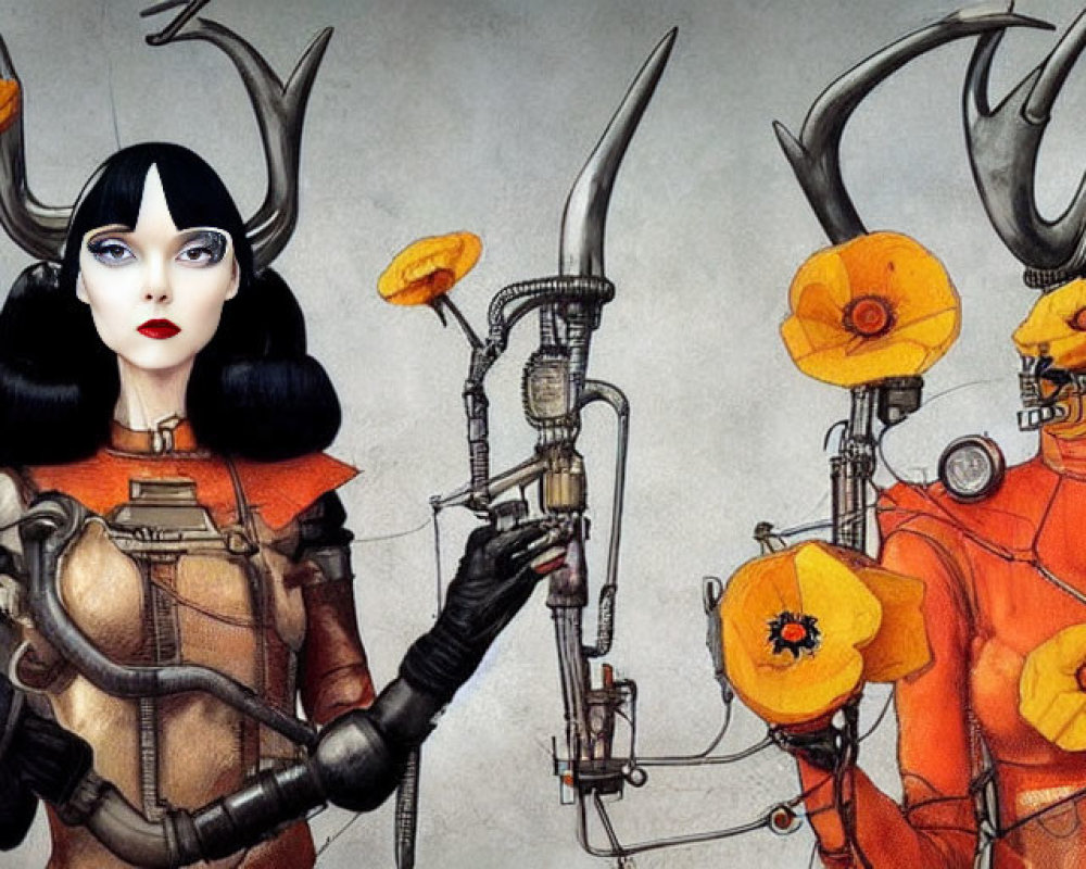 Stylized female figures with horns and mechanical limbs in vibrant orange flowers on gray background
